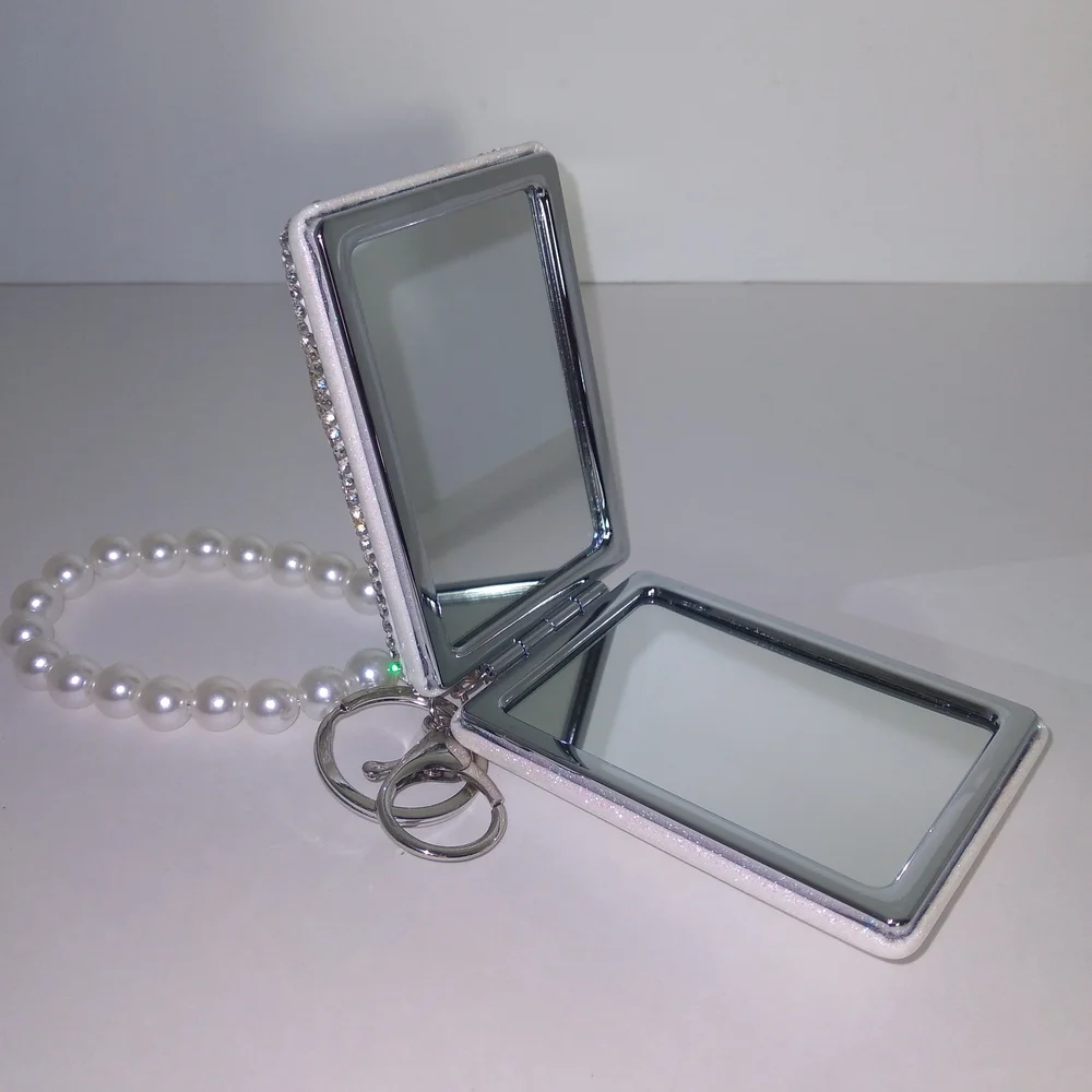 Sparkling Silver Cherry Keychain Mirror with Pearl Handle
